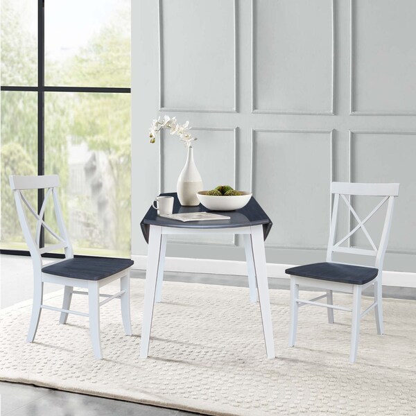 International Concepts 42 in. Solid Wood Round Dual Drop Leaf Dining Table with 2 Chairs in White/Heather Gray - K05-42DL-C613-2