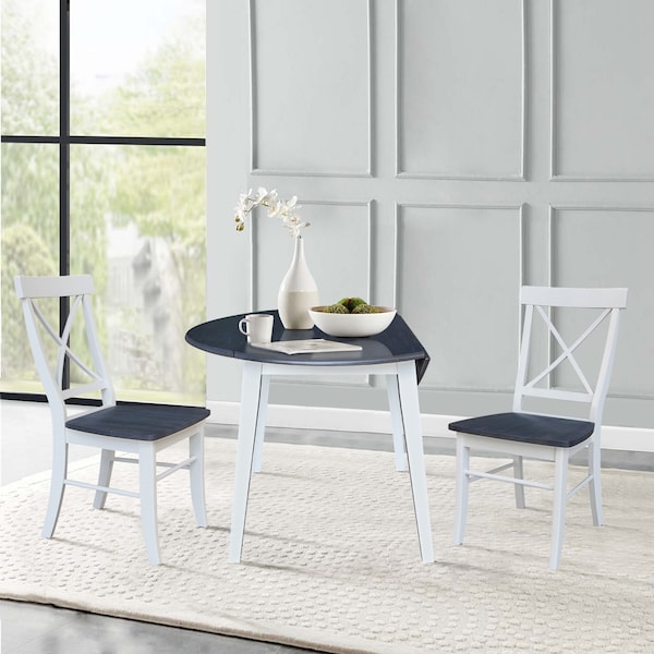 International Concepts 42 in. Solid Wood Round Dual Drop Leaf Dining Table with 2 Chairs in White/Heather Gray - K05-42DL-C613-2