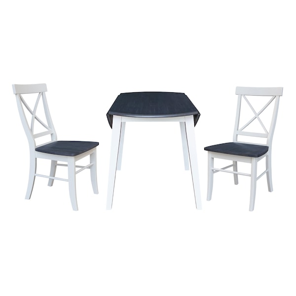 International Concepts 42 in. Solid Wood Round Dual Drop Leaf Dining Table with 2 Chairs in White/Heather Gray - K05-42DL-C613-2