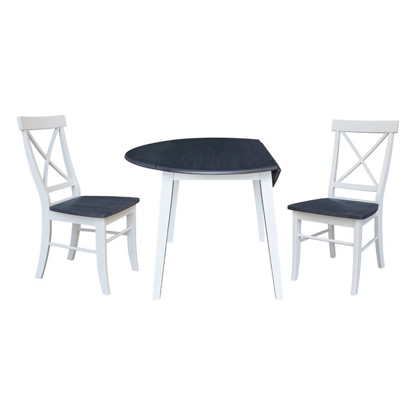 International Concepts 42 in. Solid Wood Round Dual Drop Leaf Dining Table with 2 Chairs in White/Heather Gray - K05-42DL-C613-2