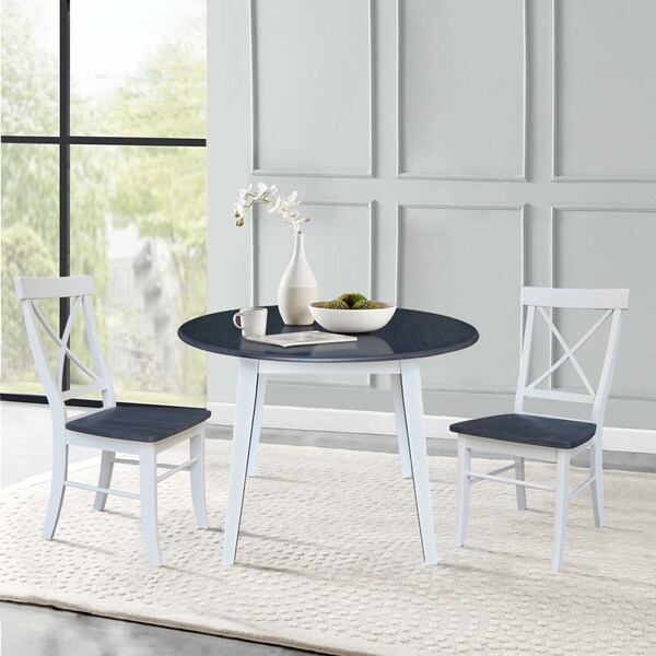 International Concepts 42 in. Solid Wood Round Dual Drop Leaf Dining Table with 2 Chairs in White/Heather Gray - K05-42DL-C613-2