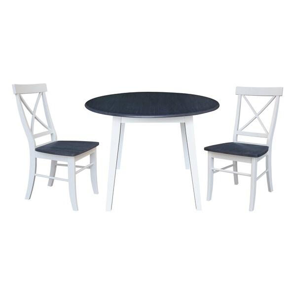 International Concepts 42 in. Solid Wood Round Dual Drop Leaf Dining Table with 2 Chairs in White/Heather Gray - K05-42DL-C613-2