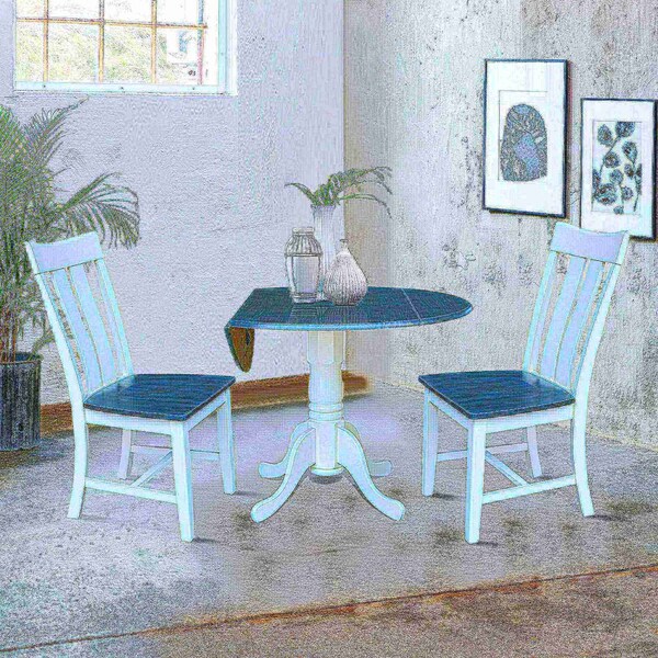 International Concepts Round 42 in. Dual Drop Leaf Dining Table with 2 Slat Back Chairs - 3 Piece Dining Set, 42 in W - K05-42DP-C13P