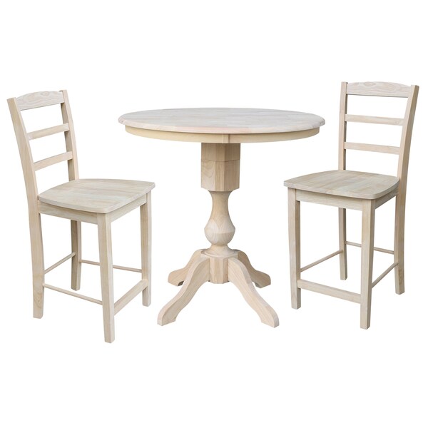 International Concepts Round 36 in Rd Ped Gathering Ht Table, 2 Madrid Counter Ht Stools, Unfinished, 36 in W, 36 in L, Wood - K-36RT-11P-S402-2