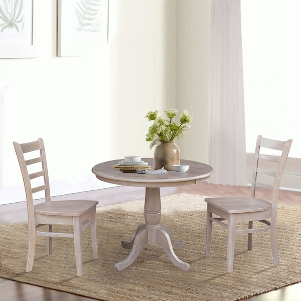 International Concepts Round 36 in Rd Extension Dining Table, 2 Emily Chairs, Washed Gray Taupe, 36 in W, 48 in L, Wood - K09-36RXT-C617-2