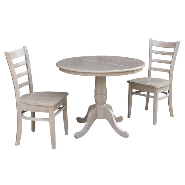International Concepts Round 36 in Rd Extension Dining Table, 2 Emily Chairs, Washed Gray Taupe, 36 in W, 48 in L, Wood - K09-36RXT-C617-2
