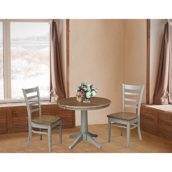 International Concepts Round 36 in Rd Extension Dining Table, 2 Emily Chairs, Hickory/Stone, 36 in W, 48 in L, 30.1 in H - K41-36RXT-27B-C617-2