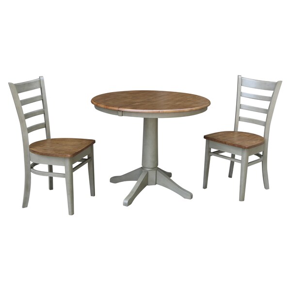 International Concepts Round 36 in Rd Extension Dining Table, 2 Emily Chairs, Hickory/Stone, 36 in W, 48 in L, 30.1 in H - K41-36RXT-27B-C617-2