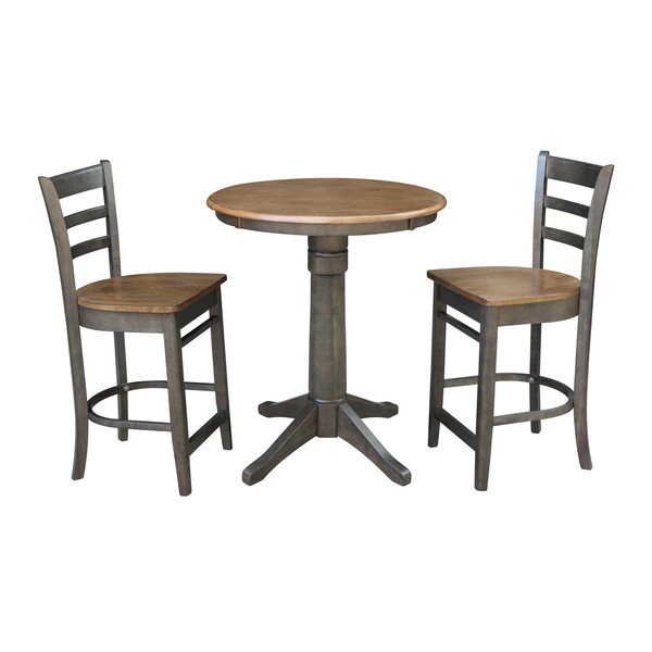 International Concepts Round 30 in Rd Ped Gathering Ht Table, 2 Emily Counter Ht Stools, Hickory/Coal, 30 in W, 30 in L - K45-30RT-27B-S6172-2