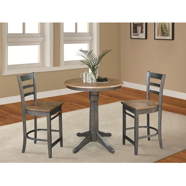 International Concepts Round 30 in Rd Ped Gathering Ht Table, 2 Emily Counter Ht Stools, Hickory/Coal, 30 in W, 30 in L - K45-30RT-27B-S6172-2