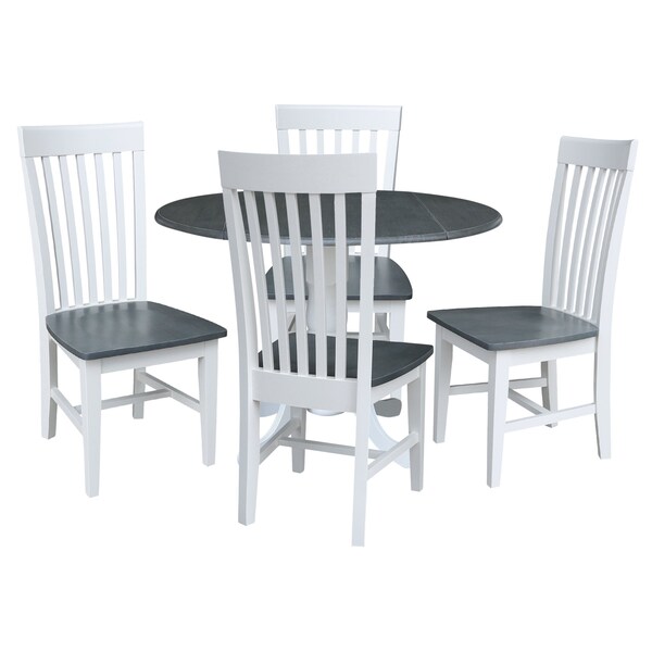 International Concepts Round 42 in. Dual Drop Leaf Dining Table with 4 Slat Back Chairs - 5 Piece Dining Set, 42 in W - K05-42DP-C465-4