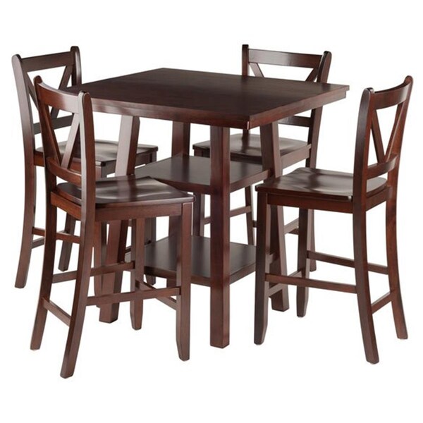 Winsome Trading 5 Piece Orlando High Table 2 Shelves with 4 V-Back Counter Stools Set, Walnut - 94554