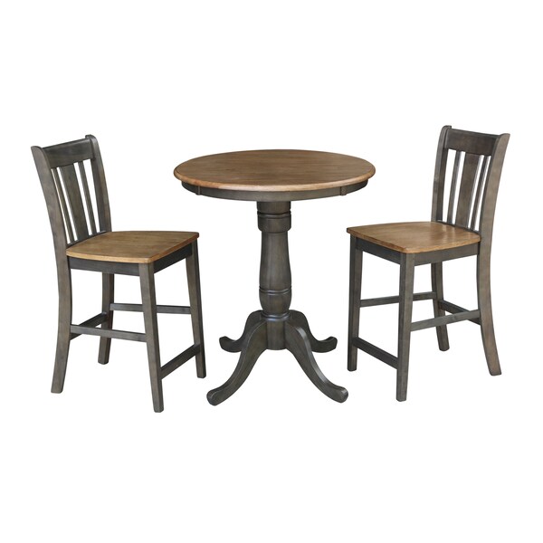 International Concepts Round 30 in Rd Ped Gathering Ht Table, 2 San Remo Stools, Hickory/Coal, 30 in W, 30 in L, 35.1 in H - K45-30RT-6B-S102-2