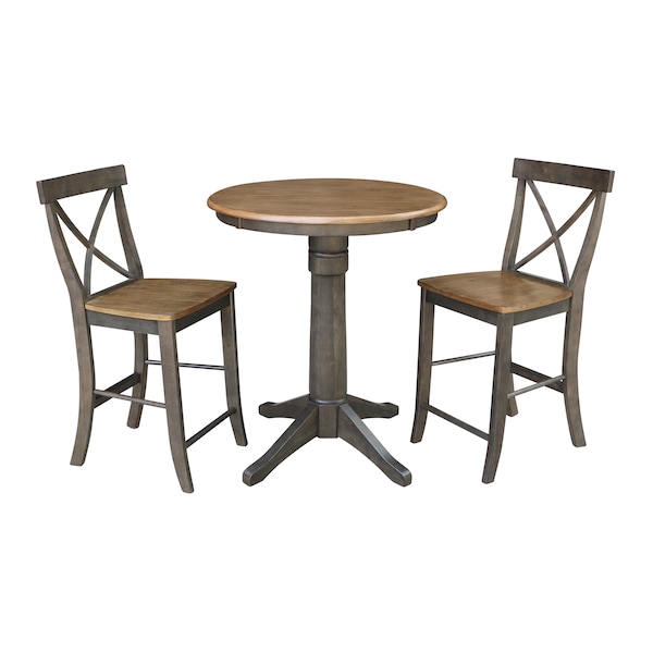 International Concepts Round 30 in Rd Ped Gathering Ht Table, 2 X-Back Counter Ht Stools, Hickory/Coal, 30 in W, 30 in L - K45-30RT-27B-S6132-2