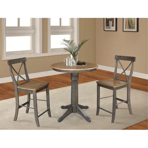 International Concepts Round 30 in Rd Ped Gathering Ht Table, 2 X-Back Counter Ht Stools, Hickory/Coal, 30 in W, 30 in L - K45-30RT-27B-S6132-2