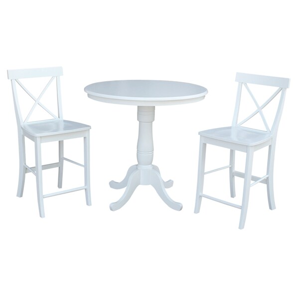 International Concepts Round 36 in Rd Pedestal Gathering Ht Table, 2 X-Back Counter Ht Stools, White, 36 in W, 36 in L, Wood - K08-36RT-6B-32