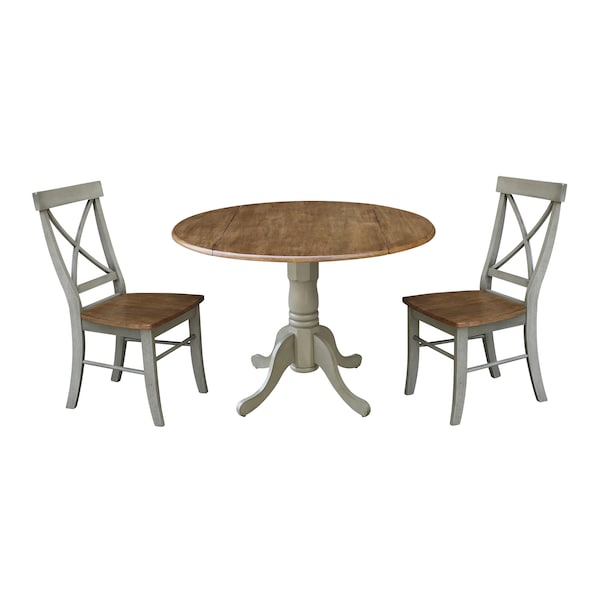 International Concepts Round 42 in Dual Drop Leaf Table, 2 X-Back Chairs, Hickory/Stone, 42 in W, 42 in L, 29.5 in H, Wood - K41-42DP-C613P