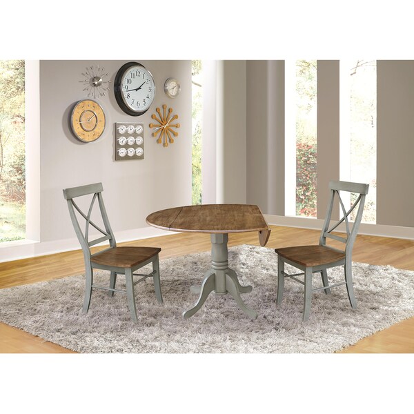 International Concepts Round 42 in Dual Drop Leaf Table, 2 X-Back Chairs, Hickory/Stone, 42 in W, 42 in L, 29.5 in H, Wood - K41-42DP-C613P
