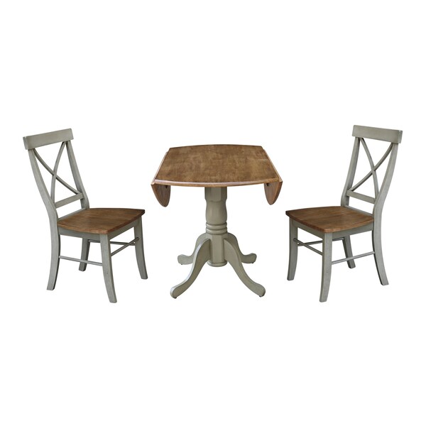 International Concepts Round 42 in Dual Drop Leaf Table, 2 X-Back Chairs, Hickory/Stone, 42 in W, 42 in L, 29.5 in H, Wood - K41-42DP-C613P