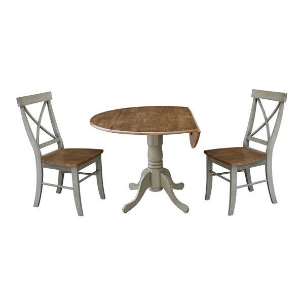International Concepts Round 42 in Dual Drop Leaf Table, 2 X-Back Chairs, Hickory/Stone, 42 in W, 42 in L, 29.5 in H, Wood - K41-42DP-C613P