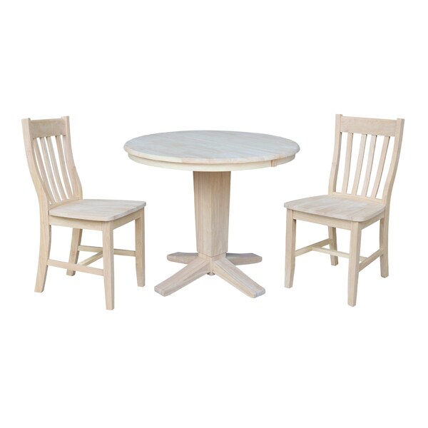 International Concepts 36 in.Round Extension Dining Table with 12 in.Leaf and 2 Dining Chairs in Unfinished - 3 Piece Set - K-36RXT-23B-C61-2