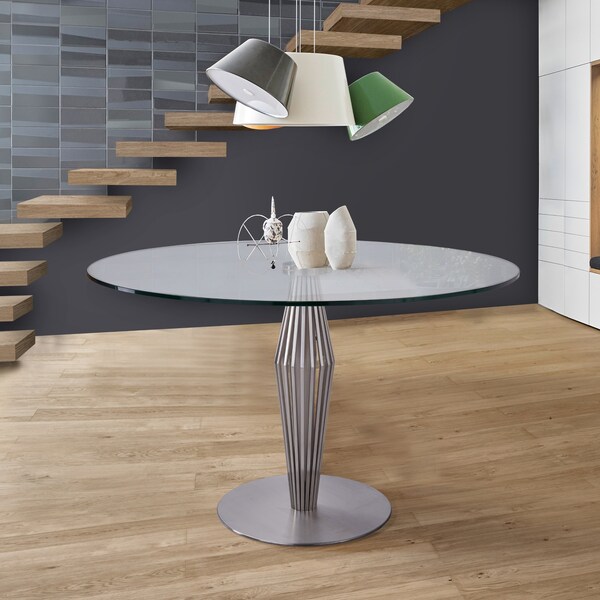 Armen Living Lindsey Contemporary Dining Table in Brushed Stainless Steel Finish and Clear Glass top - LCLNDIBS