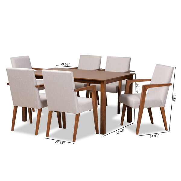 Baxton Studio Glenda Mid-Century Modern Greyish Beige Fabric and Walnut Brown Finished Wood 7-Piece Dining Set - 187-7364-10520-ZORO