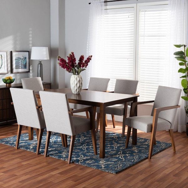 Baxton Studio Glenda Mid-Century Modern Greyish Beige Fabric and Walnut Brown Finished Wood 7-Piece Dining Set - 187-7364-10520-ZORO