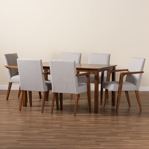 Baxton Studio Glenda Mid-Century Modern Greyish Beige Fabric and Walnut Brown Finished Wood 7-Piece Dining Set - 187-7364-10520-ZORO