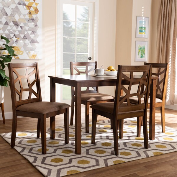 Baxton Studio Abilene Brown Upholstered and Walnut Finished 5-Piece Wood Dining Set - 154-8035-8959