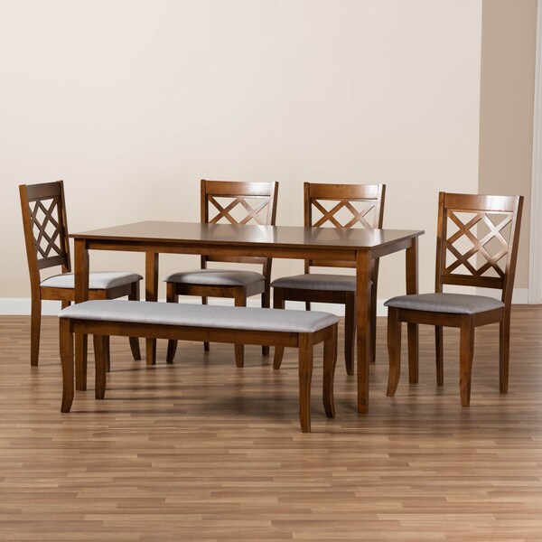 Baxton Studio Andor Grey Upholstered and Walnut Wood 6-Piece Dining Set - 169-9874-10920-10520
