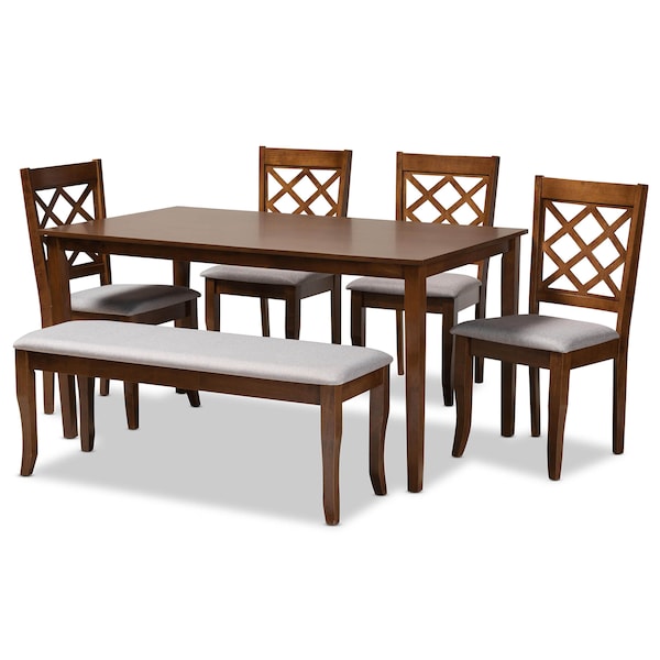 Baxton Studio Andor Grey Upholstered and Walnut Wood 6-Piece Dining Set - 169-9874-10920-10520