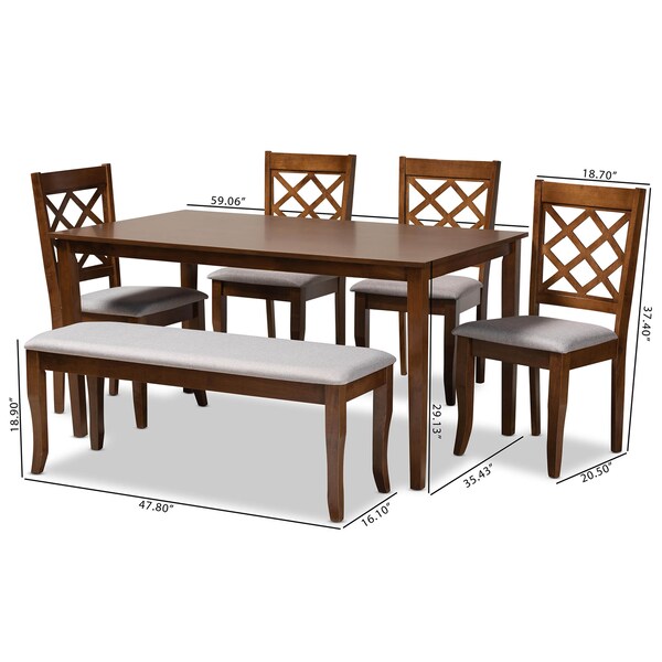 Baxton Studio Andor Grey Upholstered and Walnut Wood 6-Piece Dining Set - 169-9874-10920-10520