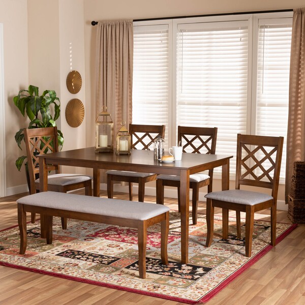 Baxton Studio Andor Grey Upholstered and Walnut Wood 6-Piece Dining Set - 169-9874-10920-10520