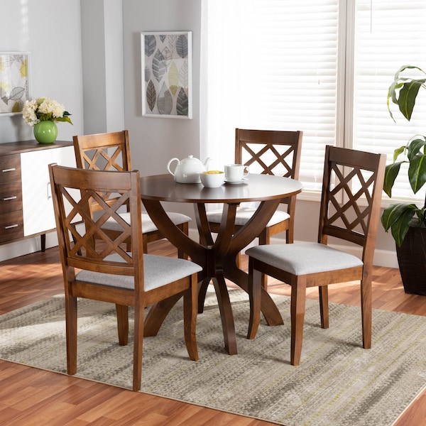 Baxton Studio Beth Grey Upholstered and Walnut Wood 5-Piece Dining Set - 173-9874-10901