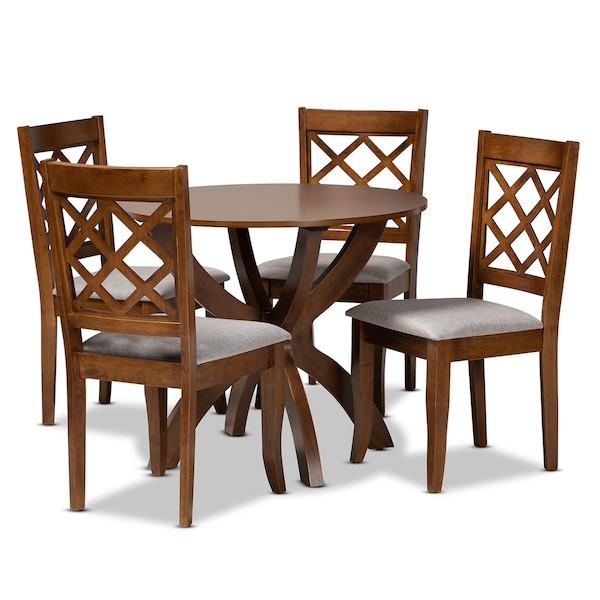 Baxton Studio Beth Grey Upholstered and Walnut Wood 5-Piece Dining Set - 173-9874-10901