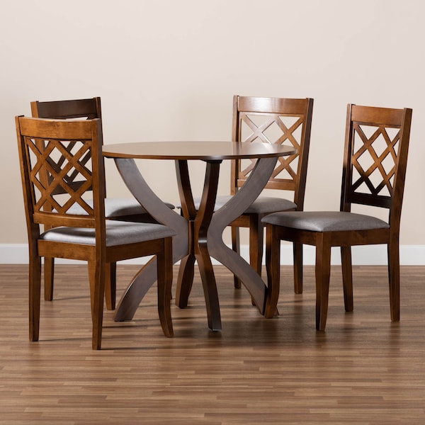 Baxton Studio Beth Grey Upholstered and Walnut Wood 5-Piece Dining Set - 173-9874-10901