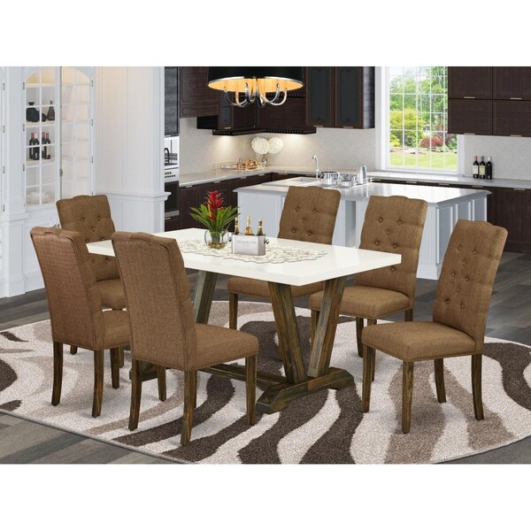 East West Furniture 7 Piece V-Style Small Dining Table Set - Brown Smoke - V726EL718-7