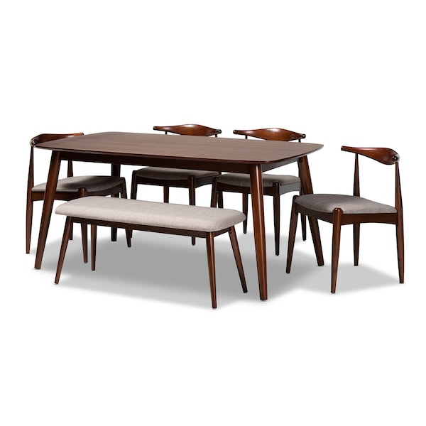 Baxton Studio Aeron Light Gray Upholstered Walnut Finished Wood 6-Piece Dining Set - 159-9548-9549-9550