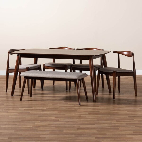 Baxton Studio Aeron Light Gray Upholstered Walnut Finished Wood 6-Piece Dining Set - 159-9548-9549-9550