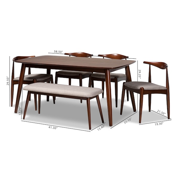 Baxton Studio Aeron Light Gray Upholstered Walnut Finished Wood 6-Piece Dining Set - 159-9548-9549-9550