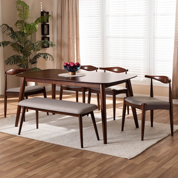 Baxton Studio Aeron Light Gray Upholstered Walnut Finished Wood 6-Piece Dining Set - 159-9548-9549-9550