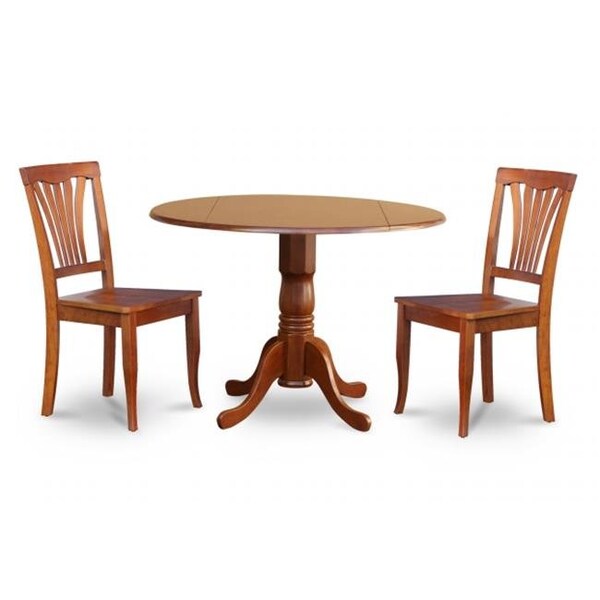 East West Furniture East West Furniture DLAV3-SBR-W 3PC Kitchen Round Table with 2 Drop Leaves and 2 Avon chairs with wood Seat - DLAV3-SBR-W