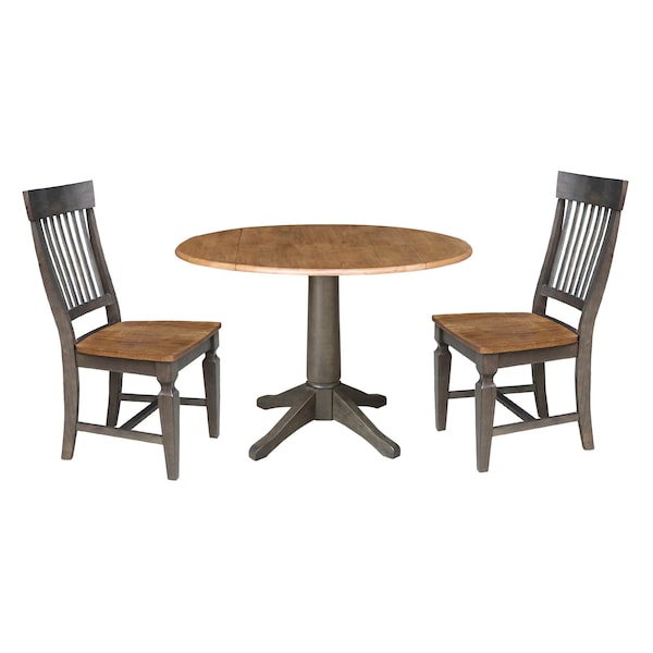 International Concepts Round Round 42 in. Dual Drop Leaf Dining Table with 2 Slatback Chairs in Hickory/Washed Coal, Wood - K45-42DPT-27B-C65-2