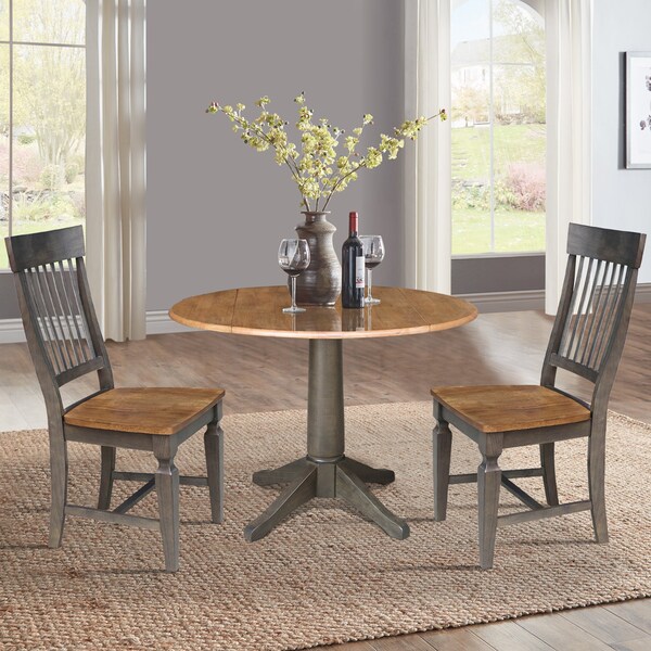 International Concepts Round Round 42 in. Dual Drop Leaf Dining Table with 2 Slatback Chairs in Hickory/Washed Coal, Wood - K45-42DPT-27B-C65-2