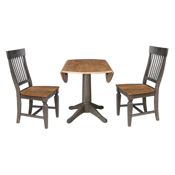 International Concepts Round Round 42 in. Dual Drop Leaf Dining Table with 2 Slatback Chairs in Hickory/Washed Coal, Wood - K45-42DPT-27B-C65-2