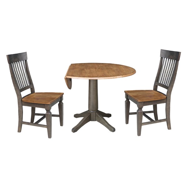 International Concepts Round Round 42 in. Dual Drop Leaf Dining Table with 2 Slatback Chairs in Hickory/Washed Coal, Wood - K45-42DPT-27B-C65-2
