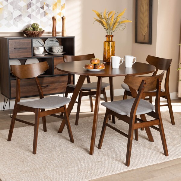 Baxton Studio Timothy Light Grey Upholstered and Walnut Wood 5-Piece Dining Set - 167-10812-10808
