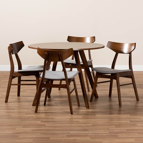 Baxton Studio Timothy Light Grey Upholstered and Walnut Wood 5-Piece Dining Set - 167-10812-10808