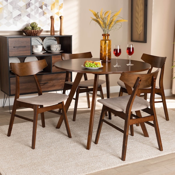 Baxton Studio Timothy Light Beige Upholstered and Walnut Wood 5-Piece Dining Set - 167-10811-10808